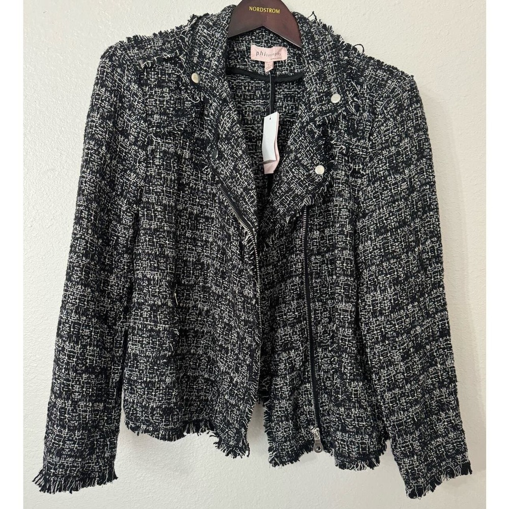 Philosophy Black and White Tweed Raw Hem Zip Front Jacket Size L NWT - Picture 4 of 6